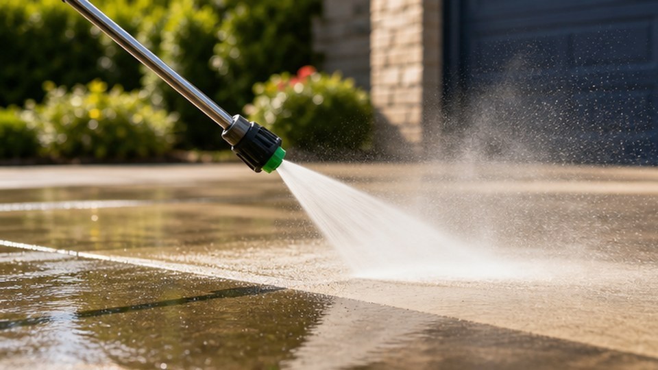 Pressure washer cleaning a driveway