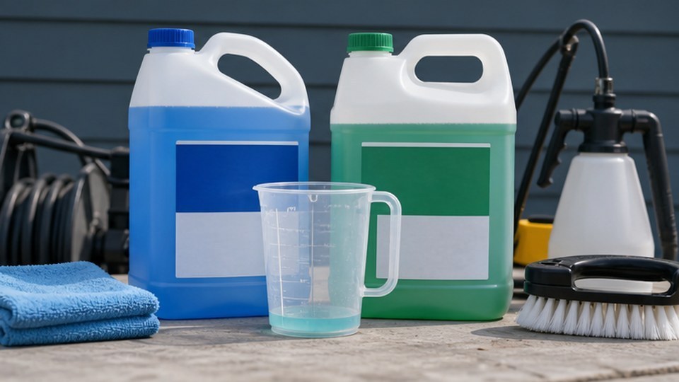 Soft wash chemical jugs and measuring cup