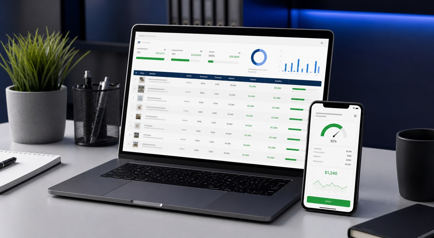 Laptop and phone showing quote calculator dashboard previews