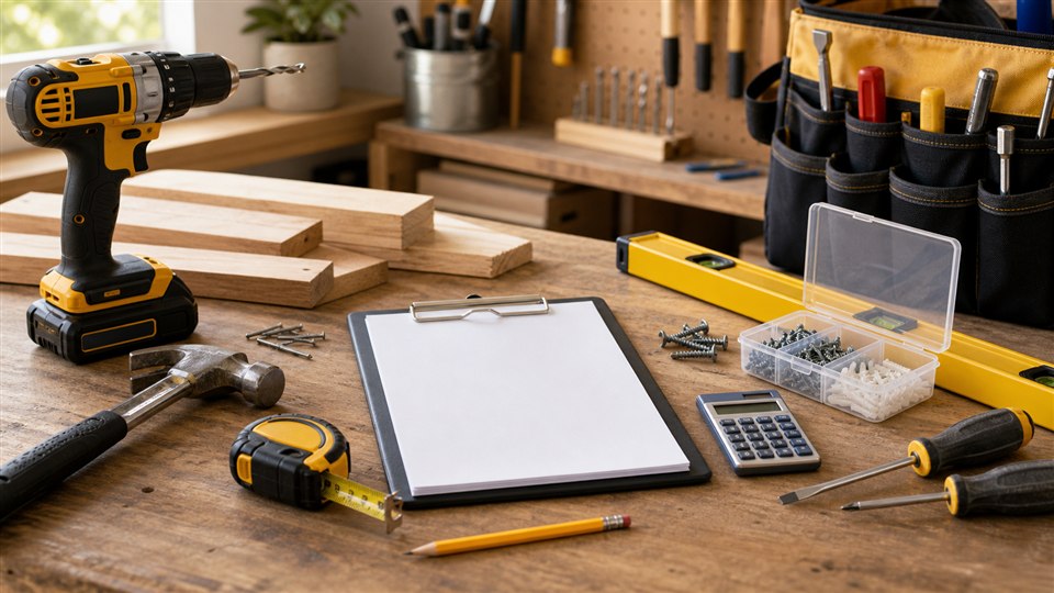 Handyman estimating kit with drill, hand tools, level, fasteners, and blank estimate sheet