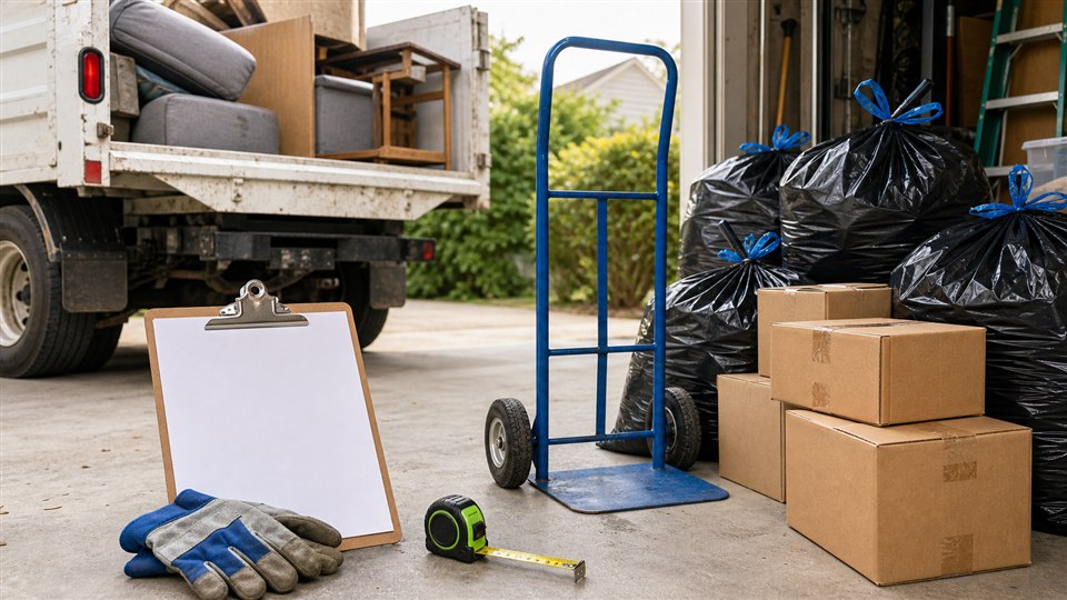 Junk removal estimating kit with truck, dolly, boxes, trash bags, and clipboard
