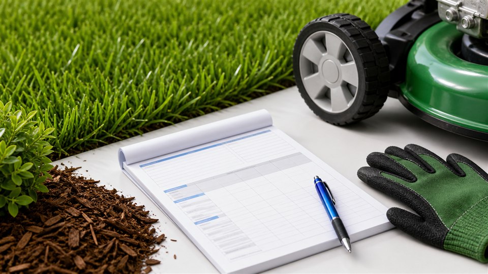 Lawn care estimating kit with mower, grass, mulch, gloves, and estimate worksheet