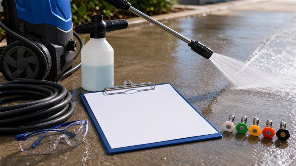 Pressure washing estimating kit with wand, hose, nozzle tips, safety glasses, and clipboard